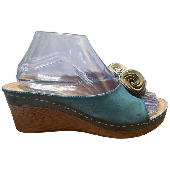 GOOD CHOICE Sydney Size 7.5 Turquoise Slip On Wedge Heel Sandals Floral Flower - Picture 6 of 14